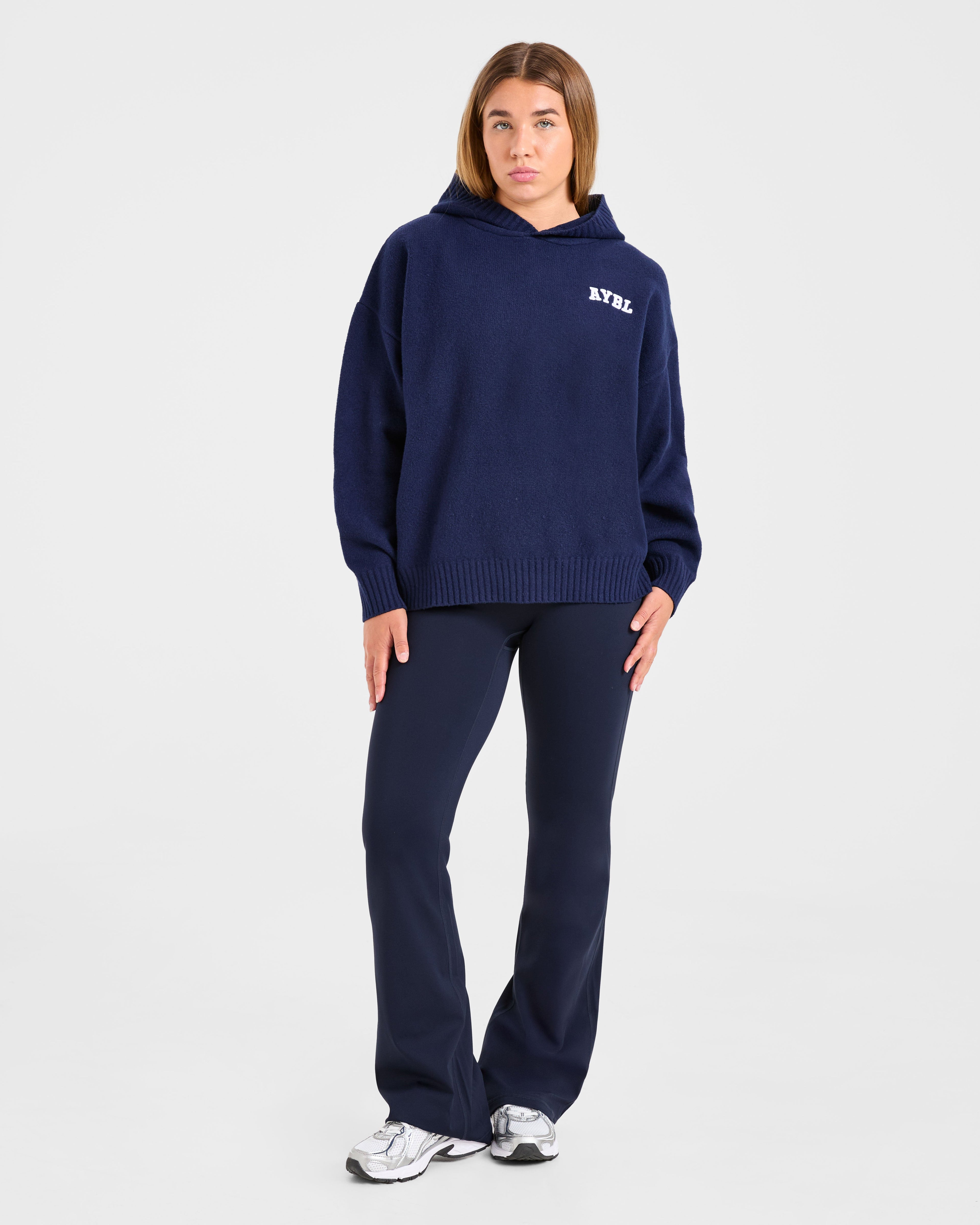 Varsity Minimal Logo Oversized Knitted Hoodie - Navy