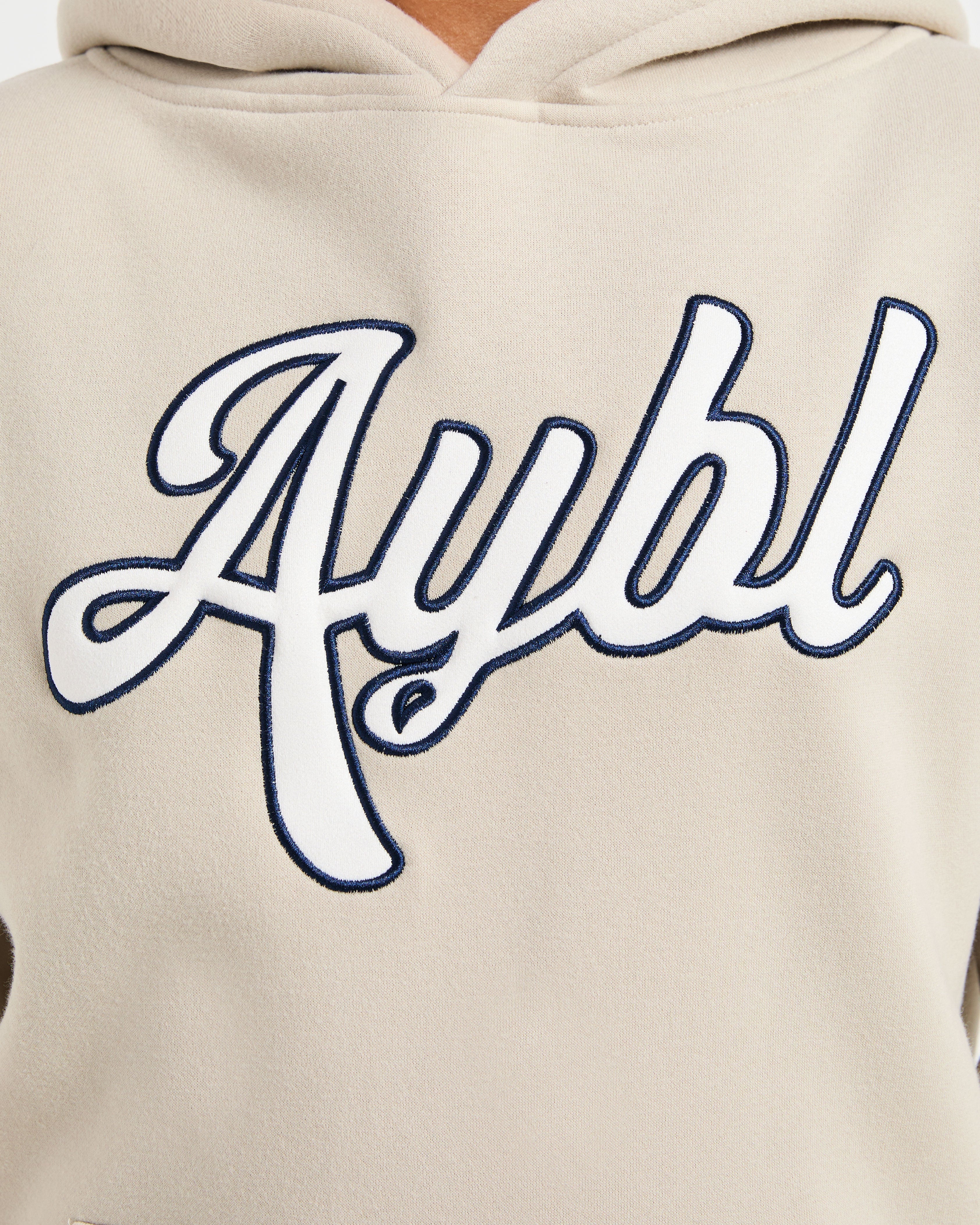 Script Embroidered Oversized Hoodie - Sand/Navy