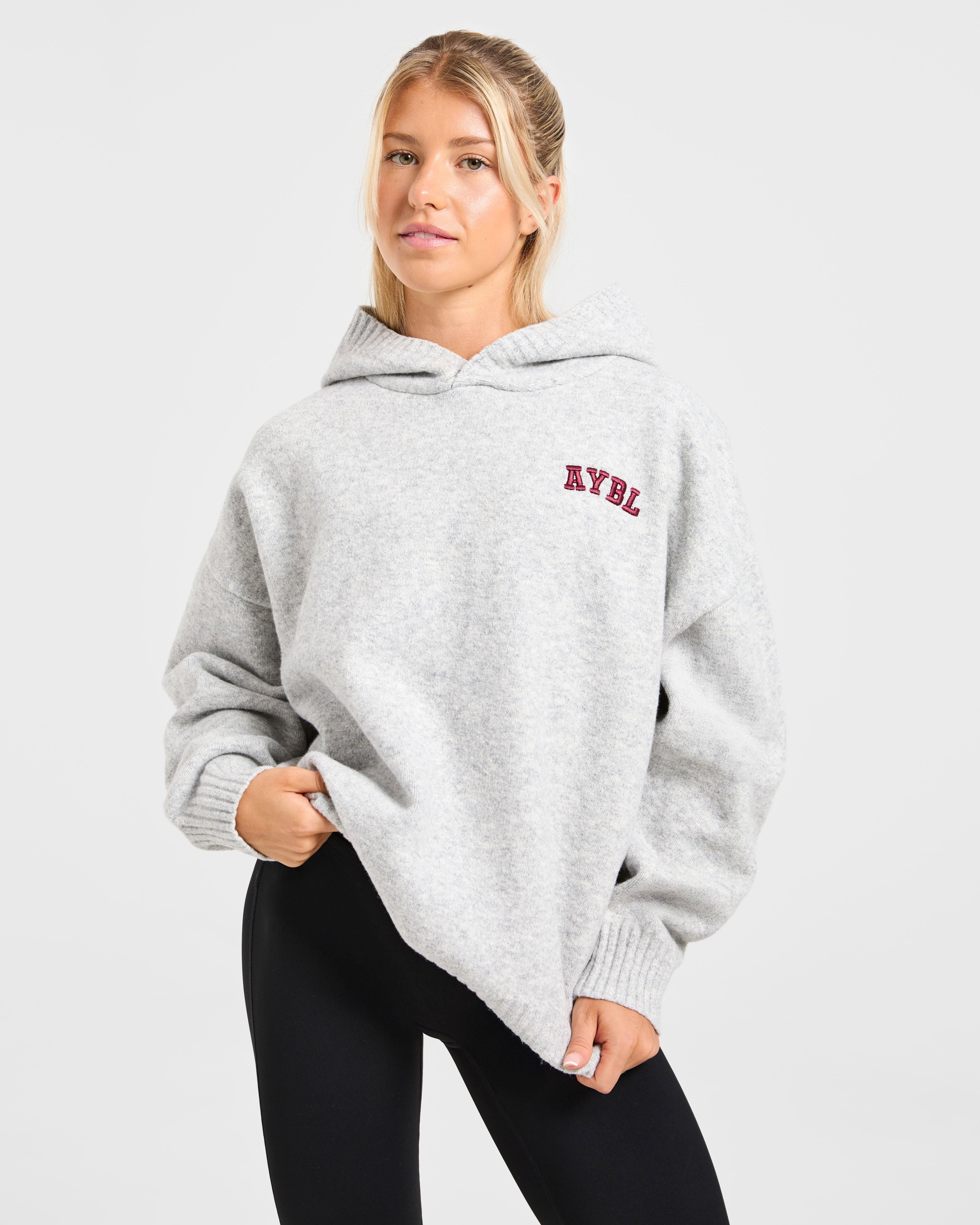Varsity Minimal Logo Oversized Knitted Hoodie - Gris Marl/Burgundy