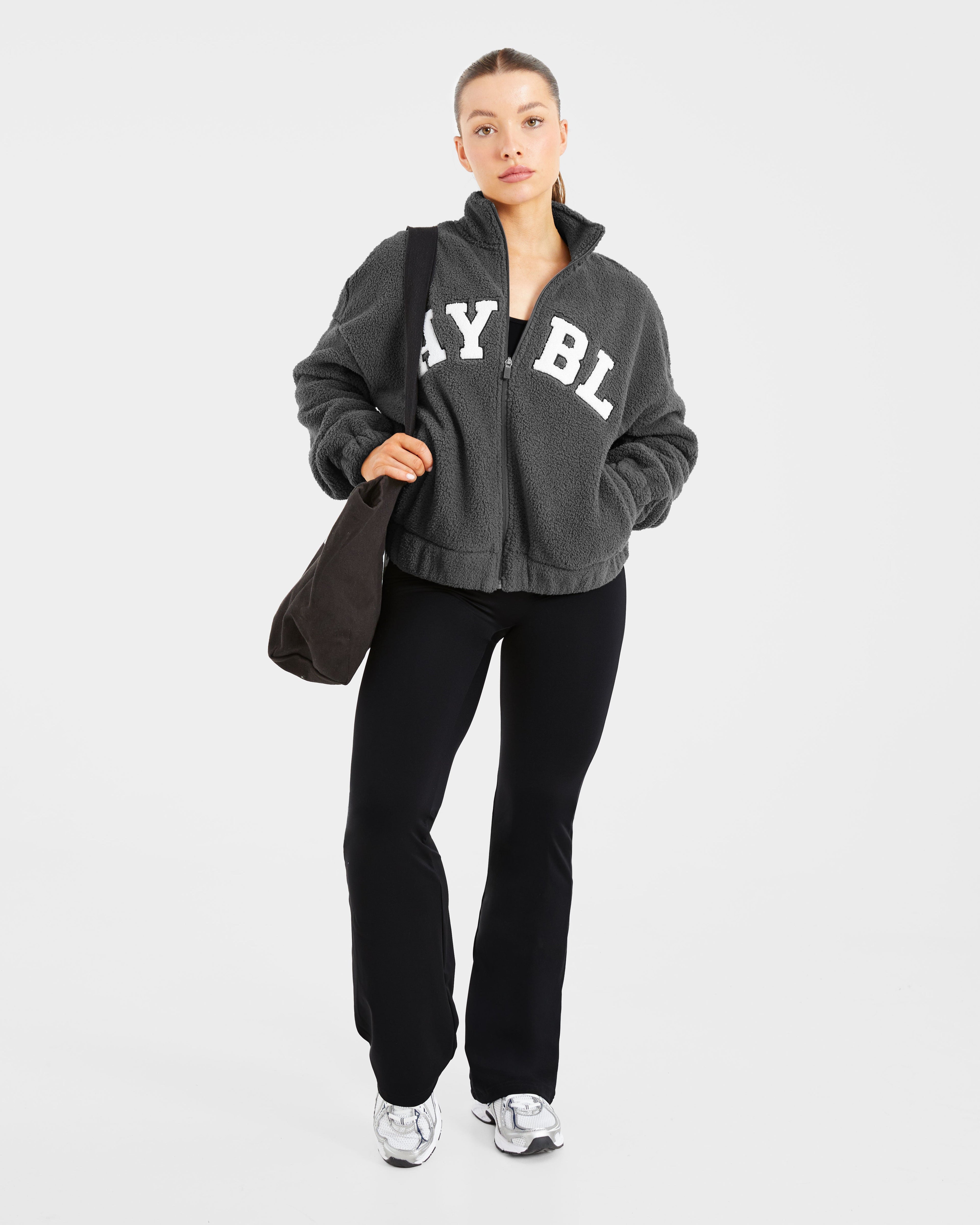Varsity Oversized Fleece Zip Up Jacket - Charcoal